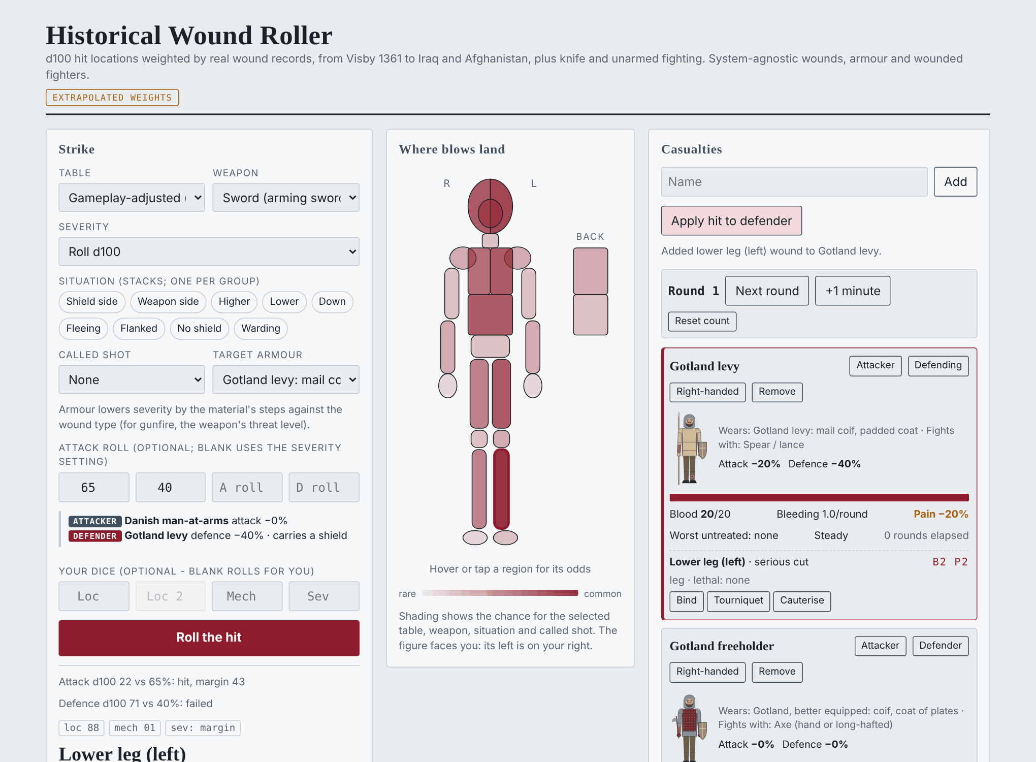 The Historical Wound Roller: on the Visby 1361 table, a Danish man-at-arms has cut a Gotland levy's left leg; the body chart shades where blows land and the casualty card shows bleeding and penalties.